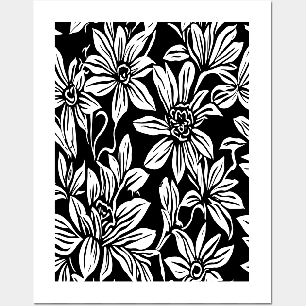 Black and White Floral Lino Print Wall Art by Velvet Earth